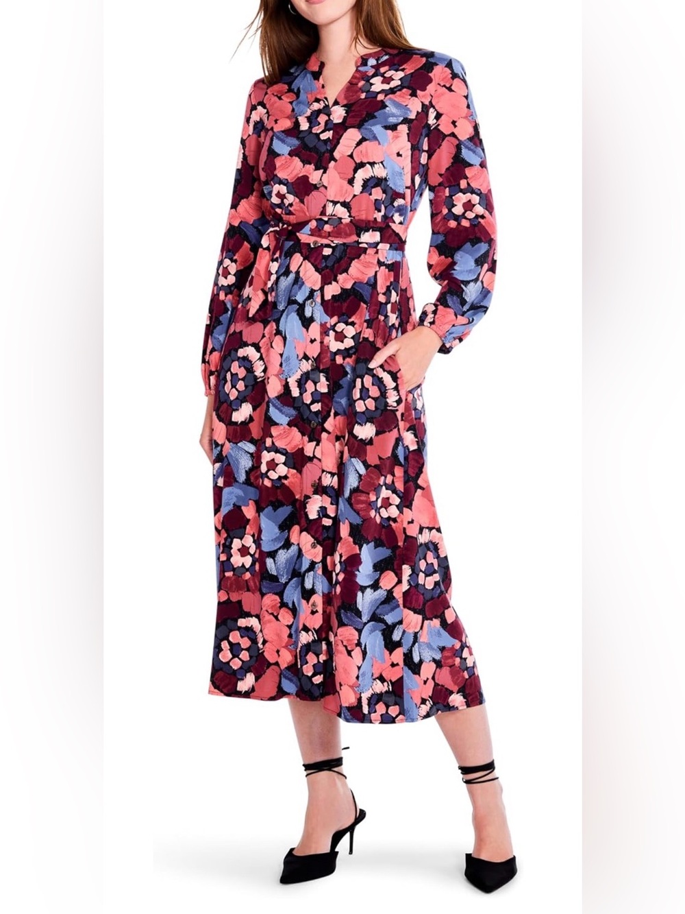 NIC+ZOE Dress Small Autumn Bloom Floral Midi Shirt Belted Boho Red Multi NWT